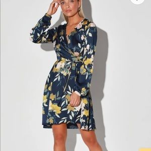 Love is Life Navy Blue Floral Print Satin Wrap Dress